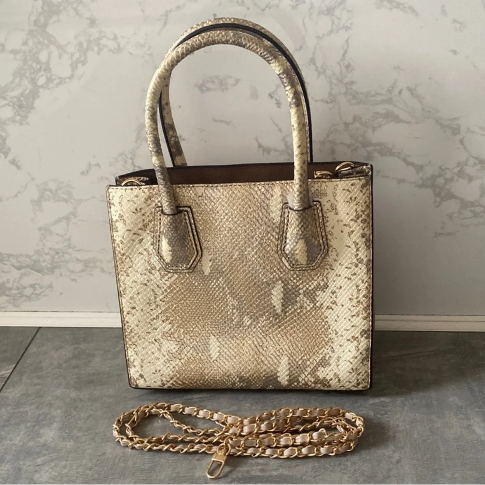 Michael Kors Beige/Gold Python Embossed Leather Small Mercer Tote EUC